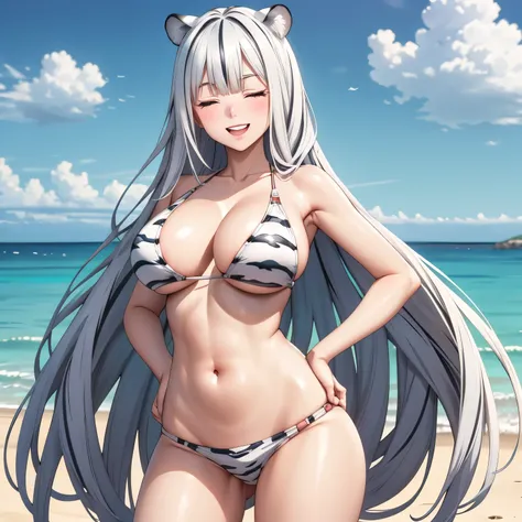 Atlas Fayon woman 40 years old, white hair with black stripes ,white tiger ears, eyes closed, mujer ciega con eyes closed, big  smile showing teeth, , pink bikini with jaguar design , hands on hips, big , . background a sunny beach. very long hair. by the ...