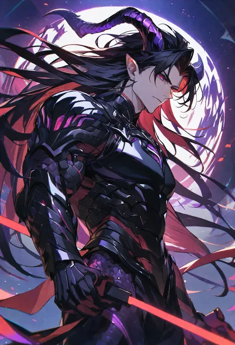 One, handsome, 1 man, with a sporty body, V-shaped body, black detailed armor with glowing purple details, black demonic horns, long hair, black hair, purple with red tones of reptile eyes, purple threads, black light