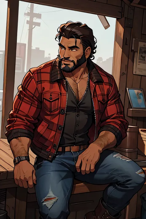 mid 40s, dark brown skin, ragged unkempt black curly hair with long scruffy beard, red plaid bomber hat, red plaid shirt with rough leather bomber jacket, ragged worn blue jeans, combat boots