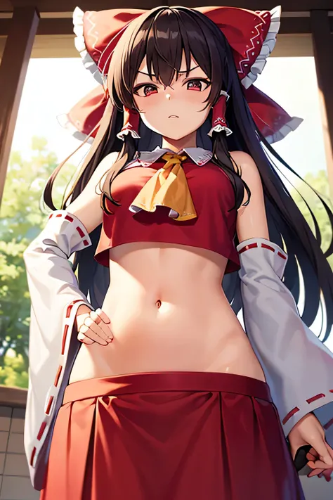 super fine illustration, vibrant colors, masterpiece, sharp focus, best quality, depth of field, cinematic lighting, ultra detailed, belly, navel, tummy, shrine maiden, hakurei reimu, 1girl, hair bow, ascot, hair tubes, detached sleeves, looking down, red ...