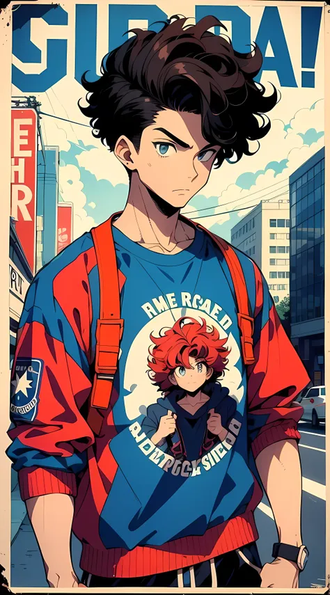 boy with medium curly hair, american cut, mid fade, streetwear, cinematic angle, vibrant and intense colors, 90s anime style, 90...