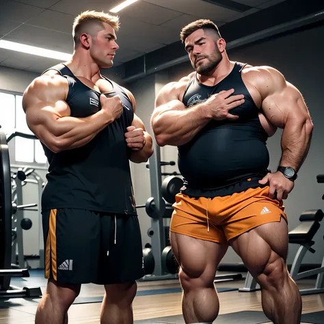 super high resolution, highest quality, 
wild plump uncle doing dumbbell curl, young fitness trainer standing next to the uncle , Fitness trainer coaching uncle to do dumbbell curl, 2man, 40 years old, big round face shape, blushing nose, perfect eyes, dar...