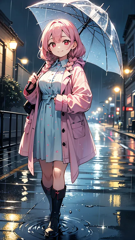 ((Best Quality)), ((masterpiece)), (detailed), One girl, (Large Breasts)Anime Style、Pink hair color、((Baby Face)),((Fantastic, sparkling red eyes:1.3))、((A gentle smiling face))、"Create a scene featuring a cute girl walking down a rainy street, holding a p...