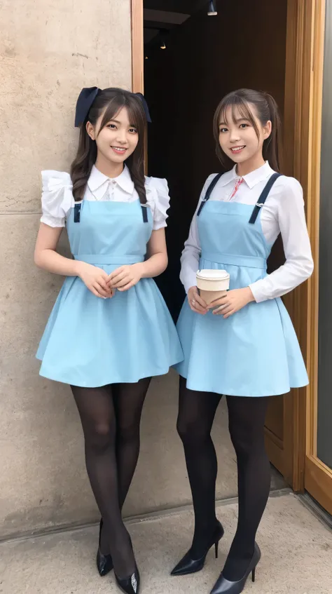 Two women wearing light blue maid outfits:1.5，Full body photo、I wore black tights:1.5，The best smile:1.5，Full body shot:1.5，Black pumps、The background is a coffee shop
