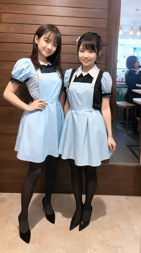 Two women wearing light blue maid outfits:1.5，Full body photo、I wore tights:1.5，The best smile:1.5，Full body shot:1.5，Black pumps、The background is a coffee shop
