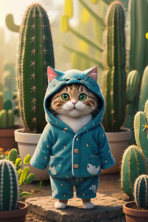 high quality、4k、kitten in cactus-shaped pajamas、standing、laughing、wearing a hood