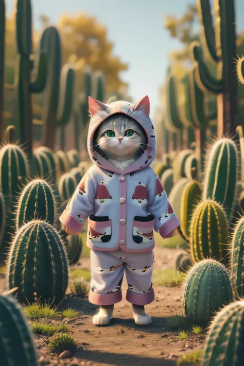 high quality、4k、kitten in cactus pajamas、standing、laughing、wearing a hood