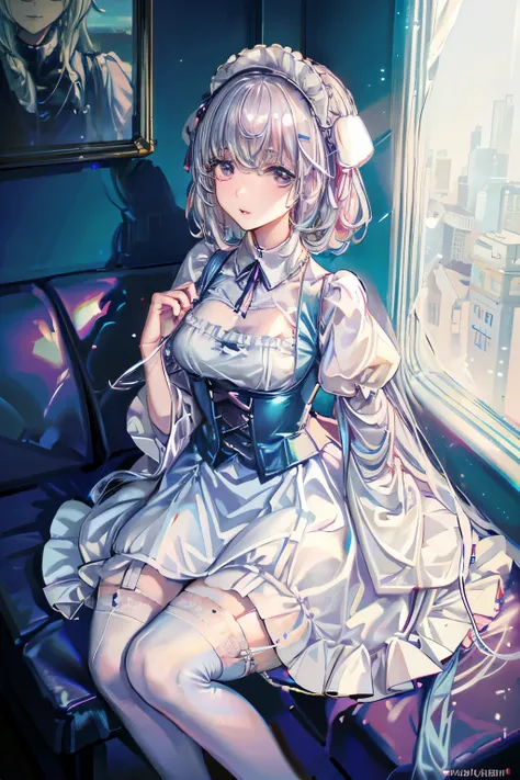 (masterpiece), (extremely detailed), (ultra detailed), (1girl, kawaii:1.3), looking at viewer, corset jumper skirt, BREAK (white garter belt, white stockings, white apron:1.4), BREAK (pale blue clothes, white shirt, short puffy sleeves:1.4), beautiful blac...