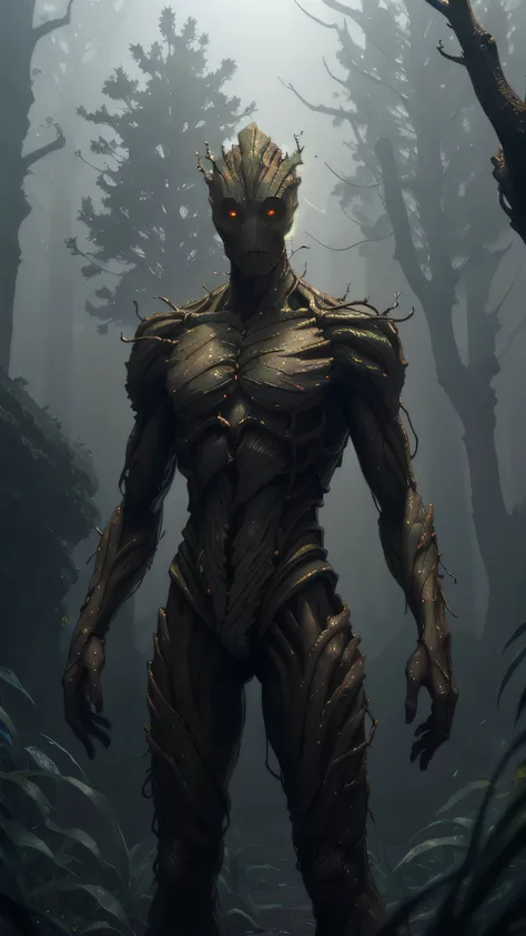 slender humanoid plant alien, elongated tree-like limbs, orange-brown tattered robe, smooth featureless mask helmet, holds tall gnarled staff, surrounded by a faint glowing atmosphere, misty bluish-green fog, (insanely detailed, beautiful detailed face, ma...