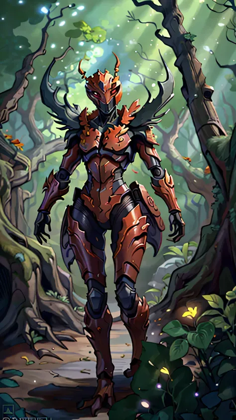 insectoid plant creature, male, elongated tree-like limbs, wooden bark-textured body, leaf-like helmet, sharp features, creature is adorned with red and orange leaves or petals around its neck and shoulders, natural armored look, dynamic pose, misty bluish...