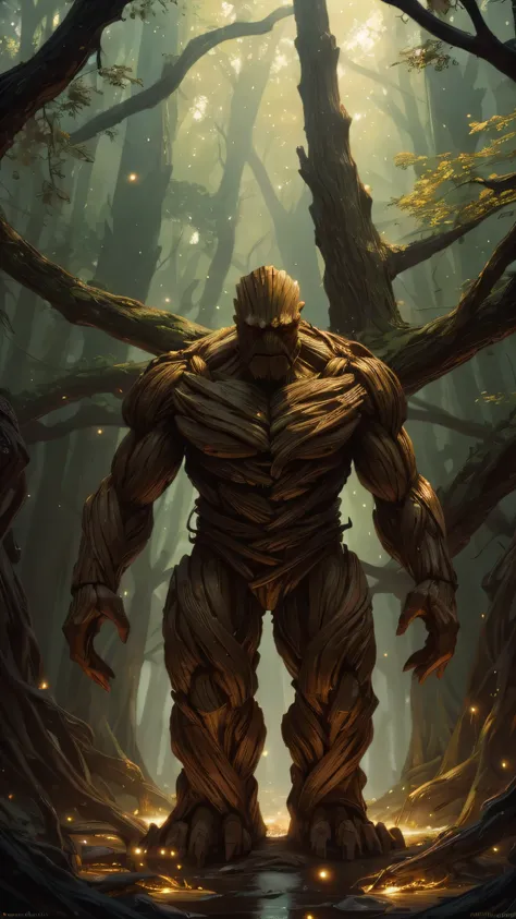 large wooden golem-like creature, body made of twisted gnarled branches and tree bark, thick curved arms, clawed hands, chest glows, soft warm light, tiny glowing particles float, soft dimly lit environment, faint magical aura, (insanely detailed, beautifu...