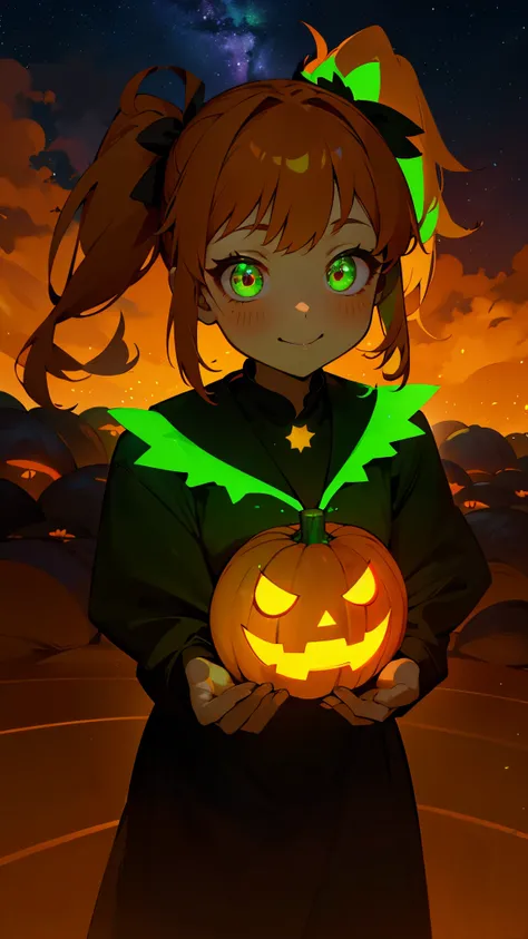 1 young girl、Orange Hair、Glowing green eyes、Side Ponytail、jack o lantern、halloween、smile、Eating French Fries、Colorful starry sky、Iridescent aura、Orange and green colour scheme、Outdoor、Shadow lighting