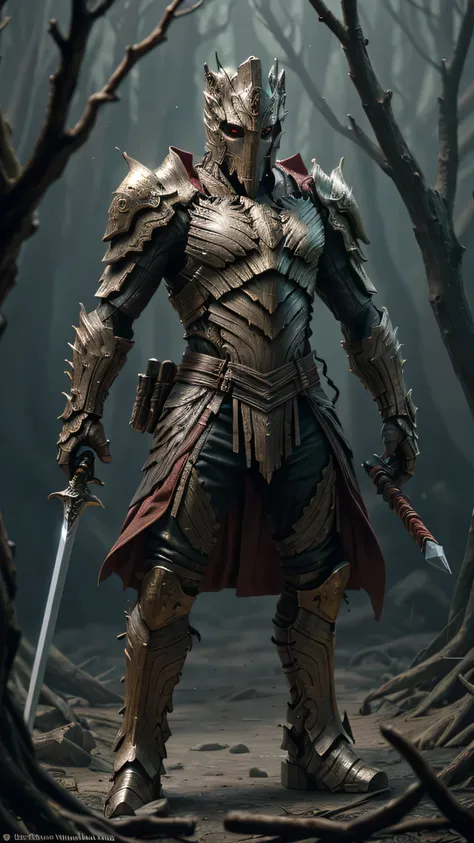 humanoid warrior, jagged weathered armor, dried tree bark, worn leather, wields large sharp sword, metallic hilt, battle-ready stance, bone-like mask, red cloak flowing dramatically over his shoulder, mysterious dangerous aura, soft dimly lit, faint glowin...