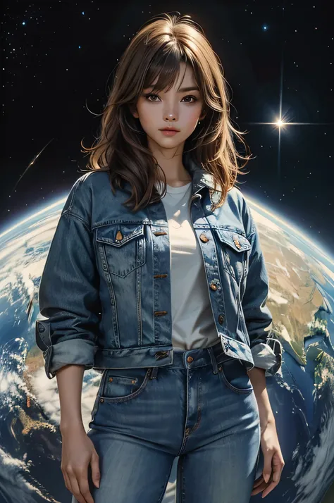 A beautiful woman。Facial details，Beautiful eyes。Light brown hair,She is wearing a jacket、Wearing blue jeans，The Earth and the Universe are next to it in the background，８KImage Quality，masterpiece，