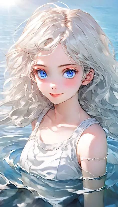 anime style female character in water, (long  white hair:1.2), (kind expression:1.1), blue colored eyes, white top, (rippling ef...