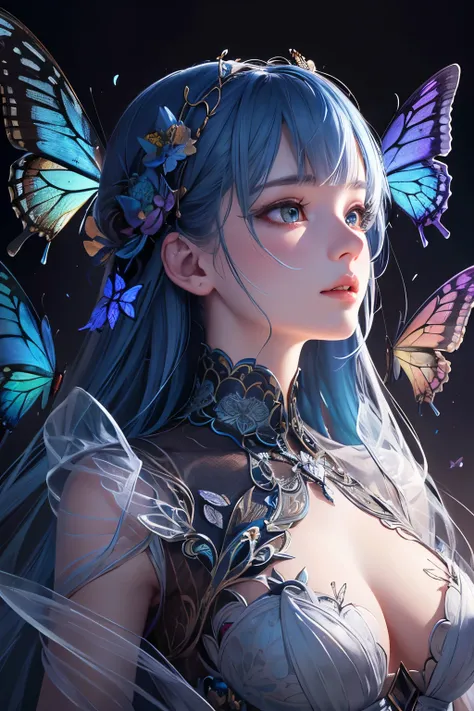 Layered transparent bodies in the human head、A hybrid with butterflies only in the brain, beautiful detailed Elaborate insanely detailed octane render trending on artstation, 8K Art Photography, Realistic, Center, Symmetric, I drew, Elaborate, Volumetric l...