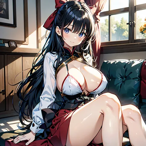 slender (young girl), red hakama, miko, exposed breasts, (huge round breasts)(big boobs), large nipples, slender body, narrow waist, belly button, narrow hips, (bare hips), (thin legs)(bare legs), (narrow thighs), (shiny black hair), (metallic head dress),...