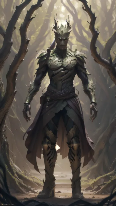 tall humanoid plant alien, tree-like features, bark-like armor, large layered leaves cape, branch-like antlers crown, holding ornate sword, decorative hilt, slightly twisted body, soft dimly lit, tiny glowing particles floating in the air, magical mystical...