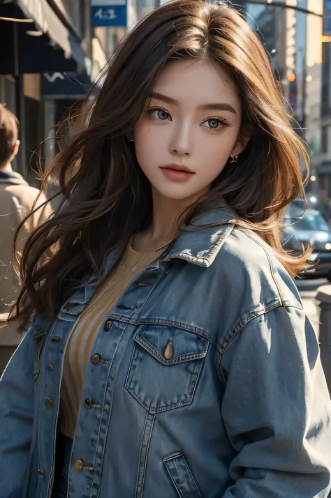 A beautiful woman。Facial details。Beautiful eyes。Light brown hair,、Shoulder-length hair。Twenties。She is wearing a jacket、Wearing blue jeans，The Earth is next to the background，８KImage Quality，masterpiece，