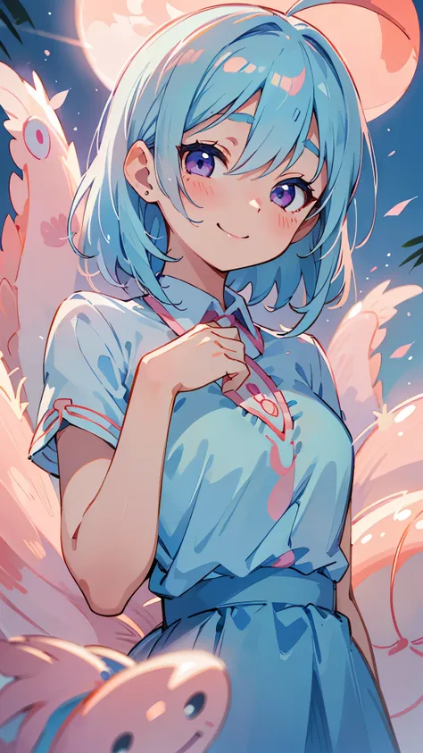 Young woman、Alone、Light blue blouse shirt、Light blue hair、Pink Eyes、A gentle gaze、smile、Upper body close-up、Shrimp mascot、Delicate contours、Under the moonlight、Blur the background