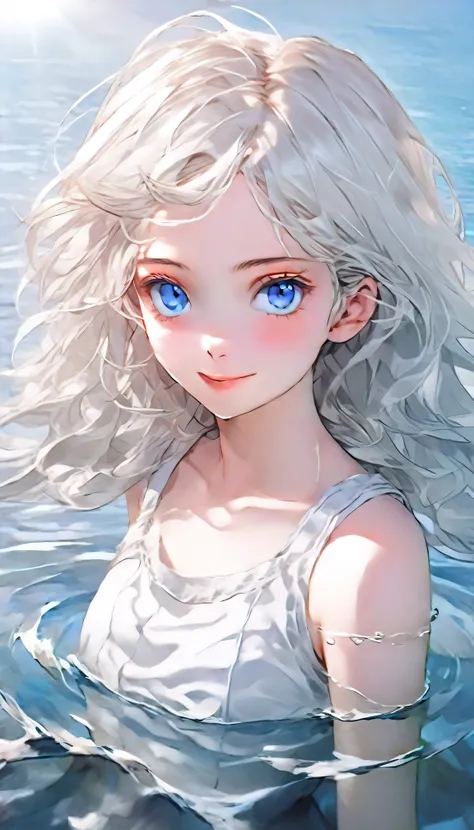 Anime style female character in water, (long  white hair:1.2), (Kind expression:1.1), blue colored eyes, white top, (rippling effect of water around the body:1.3), sunlight reflecting on the water, Clear sky, subtle splashes of water, high-resolution digit...