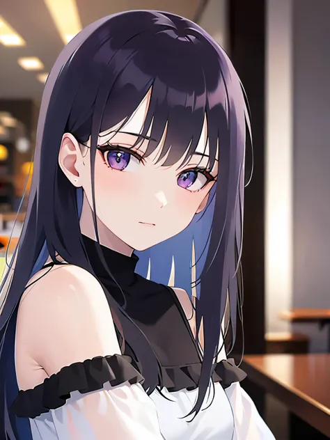 Close-up of your face、(pale skin: 1.2), shiny skin, shiny hair、(A 2 woman with straight hair and bangs) and (medium hair) and (black hair) and (purple eyes) , (white) and (off shoulder blouse) 、Serious expression, The background is the interior of a restau...