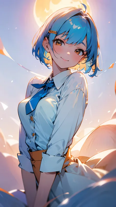 young woman、alone、a white and blue blouse shirt、shiny light blue hair、bob hair、tie your hair with an orange hair clip、beautiful ...