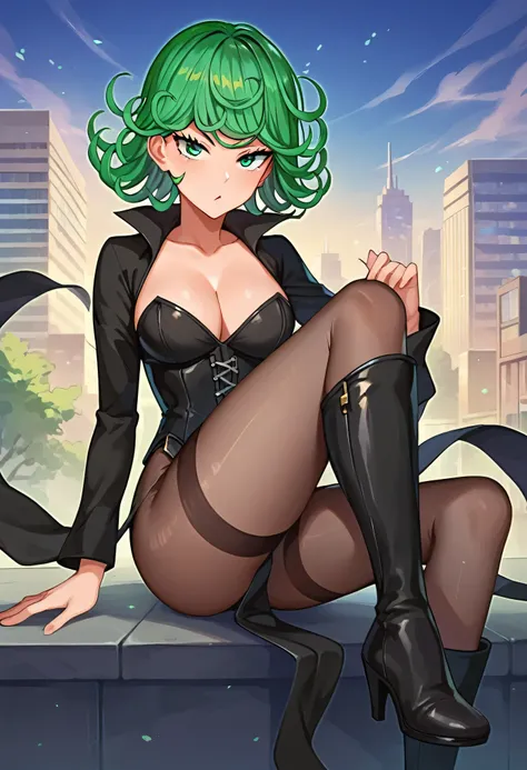 score_8_up, score_7_up, score_6_up, score_5_up, score_4_up, anime screenshot, tatsumaki, green hair, green eyes, short hair, curly hair, thighs, thighs, wide hips, big breast,
BREAK
city, Thigh-high heeled boots, sitting, pantyhose, strapless, corset, clea...