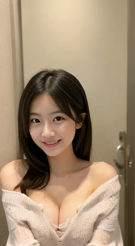 masterpiece,best quality,(Japanese girl),((Beautiful girl)),cleavage,(off shoulder:1.2),(perfect body beauty:1.2),(shy smile),From slightly above