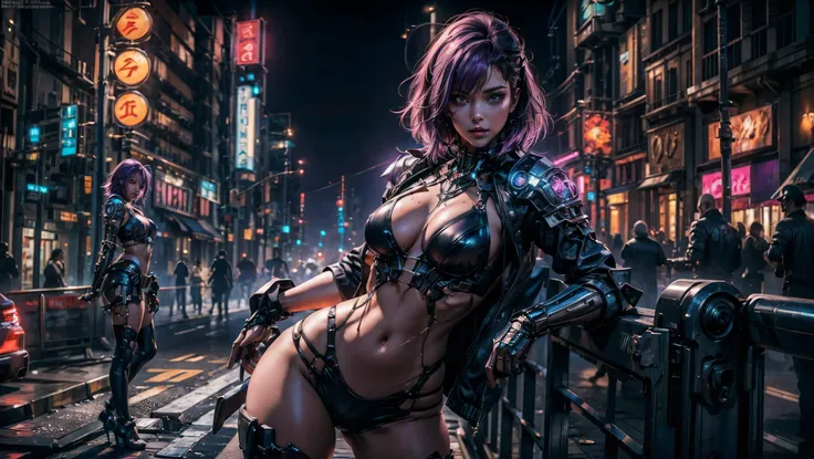 photorealistic,  RAW Extremely detailed,  soft Light,  highlight the character, 1women,  solo,  hips up,  pose,  shining skin,  Makeup Beauty,  purple Hair,  cyber punk bikini,  Closed mouth,  Night,  Street,  Standing,  barricade