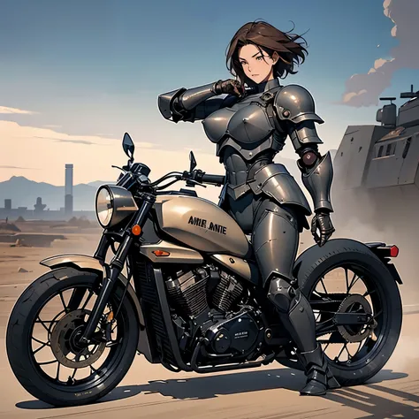 nsfw, anime screencap, 16k, perfect anatomy proportion body, perfect hands, action, A dynamic composition with a sense of speed and movement, (Ride a heavily armored military bike:1.6), a wife, 40age, perfect beautiful delicate sexy face, perfect beautiful...