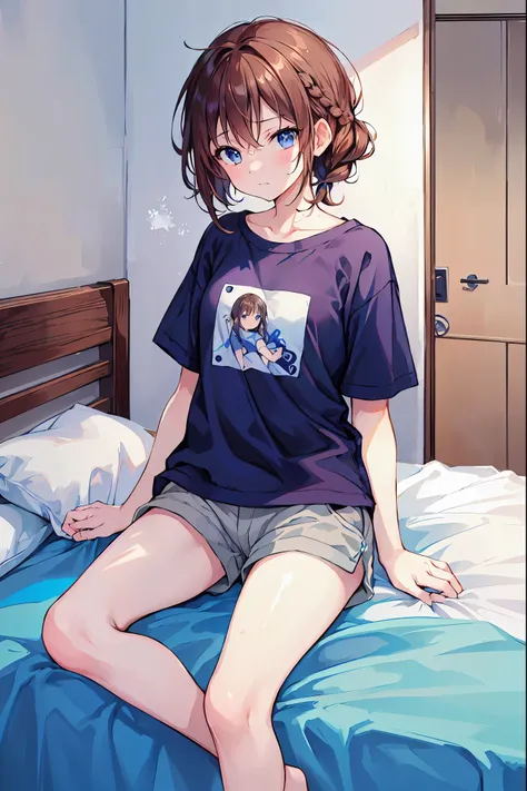 material、thick paint、二日酔いで眠るgirl、Pale face、Painful face、A tired face、Brown Hair，Shortcuts，Messy Hair，Short braided hair，Neat，スレンダー美people，A dignified posture，Small chest，Beautiful feet、Her captivating grey-blue eyes shine like stars、T-Shirts、Shorts、１people...