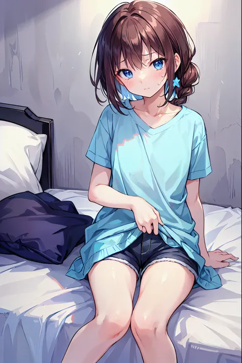 material、thick paint、二日酔いで眠るgirl、Pale face、Painful face、A tired face、Brown Hair，Shortcuts，Messy Hair，Short braided hair，Neat，スレンダー美people，A dignified posture，Small chest，Beautiful feet、Her captivating grey-blue eyes shine like stars、T-Shirts、Shorts、１people...