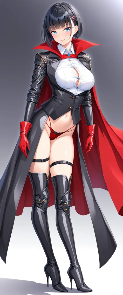  a sexy beautiful gorgeous attractive sensual black hair cut line her blue eye is dressed in a black metallic coat Office white button down shirt showing belly button and a red thong black long heel boots red gloves steel back red cape