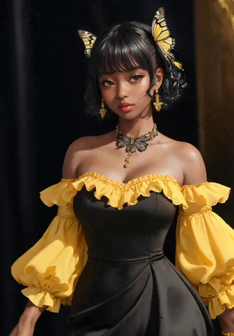 (((Masterpiece))), a influencer woman, top quality, super detailed, sweet and outgoing, club style, dark skin, permed black hair, bangs, Yellow Chiffon Ruched Sleeves Frill Hem Bodycon Dress, butterfly necklace, bow, Dance Club background

