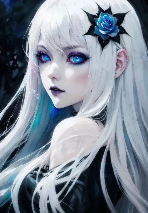 anime  vampire girl, long white hair, gothic style, white roses in hair,light white eyelashes ,glowing opal blue eyes, digital i...