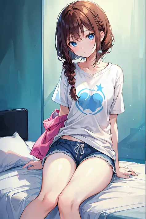 material、thick paint、二日酔いで眠るgirl、Pale face、Painful face、A tired face、Brown Hair，Shortcuts，Messy Hair，Short braided hair，Neat，Slender beauty，A dignified posture，Small chest，Beautiful feet、Her captivating grey-blue eyes shine like stars、T-Shirts、Shorts、girl、...