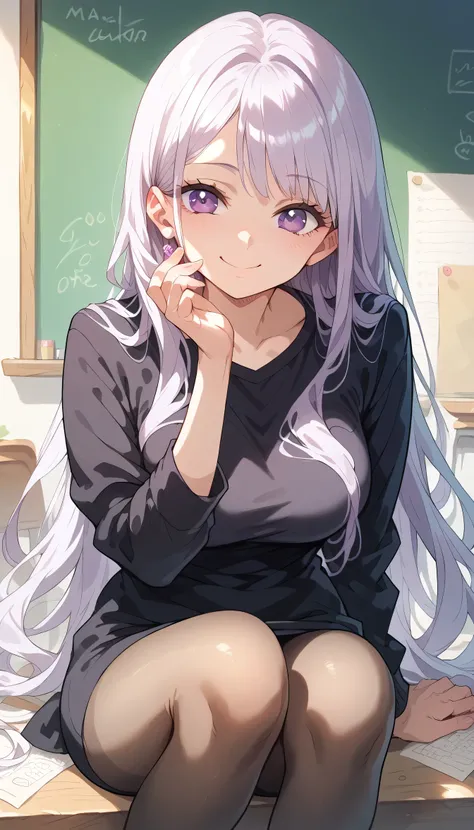 (masterpiece) highly detailed picture, 1 woman, teacher, wearing black shirt and pantyhose, big boobs, long hairs, violet eyes, smile on face, calm and cute, perfect hand, perfect face