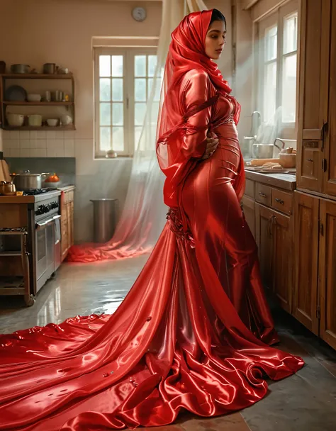 A woman shrouded in a 10-meter-long,woman plush red semi transparent satin shimmer cloth, tightly bound and grandly draping along the form of her body, poof style on the bottom outfit, flowing off into a pooled floor-length train, styled in a mermaid-inspi...