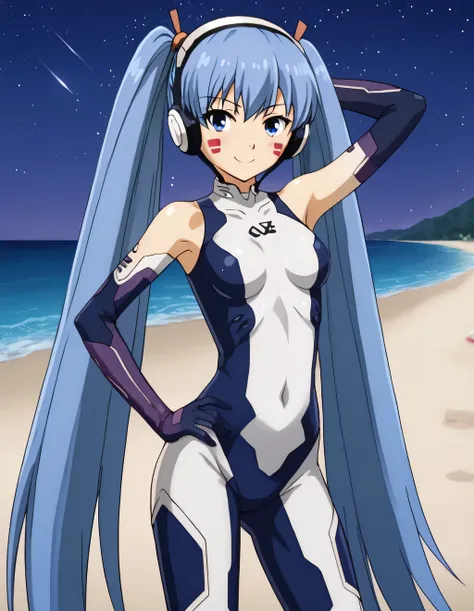 hermit mio, long hair, blue eyes, twintails, very long hair, blue hair, facial mark, headphones, gloves, bodysuit, covered navel, pilot suit, high quality, solo, looking at viewer, solo, {contrapposto}, spread armpit, arm behind head, hand on hip, smile, l...