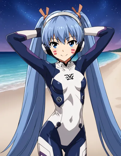 hermit mio, long hair, blue eyes, twintails, very long hair, blue hair, facial mark, headphones, gloves, bodysuit, covered navel, pilot suit, high quality, solo, looking at viewer, solo, {contrapposto}, spread armpit, arms behind head, smile, looking at vi...