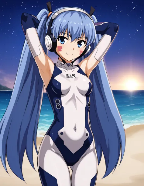 hermit mio, long hair, blue eyes, twintails, very long hair, blue hair, facial mark, headphones, gloves, bodysuit, covered navel, pilot suit, high quality, solo, looking at viewer, solo, {contrapposto}, spread armpit, arms behind head, smile, looking at vi...