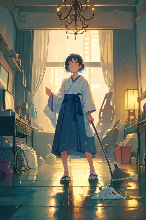 A Japanese girl in the Disney-Pixar style. She has overused water magic in the living room, causing the floor to be drenched. The carpet is soaked and furniture is wet. The girl is shown mopping up the mess with a wet towel, looking frustrated and embarras...