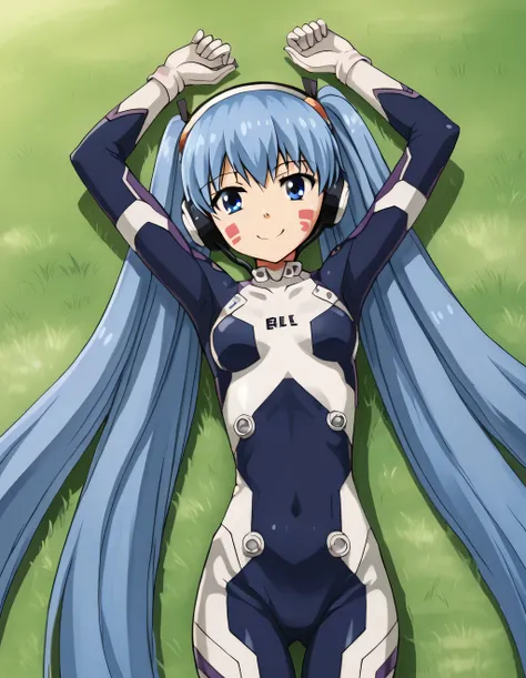 hermit mio, long hair, blue eyes, twintails, very long hair, blue hair, facial mark, headphones, gloves, bodysuit, covered navel, pilot suit, high quality, solo, lying, on back, arms up, spread arms, closed mouth, on grass, cowboy shot, looking at viewer, ...