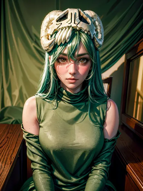 detailed emerald green hair，detailed brown eye，detailed face，skull on the head , shyness , highres，32K，sitting on a chair, looking at the audience