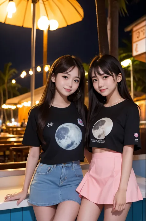 Two girls (Twenty years old, Japanese cute face) are wearing Tshirts, mini skirt at the moon night beach bar