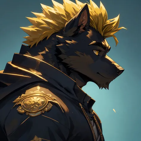 (best quality)), ((masterpiece)), (detailed), perfect face, bara furry, dog man, big body, black skin, black fur, black belly, short quiff yellow hair, yellow eyes, perfect eyes, long dog ears, handsome, profile picture, blue background, white hoodie