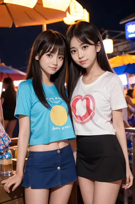 Two girls (Twenty years old, Japanese cute face) are wearing Tshirts, mini skirt at the moon night beach bar