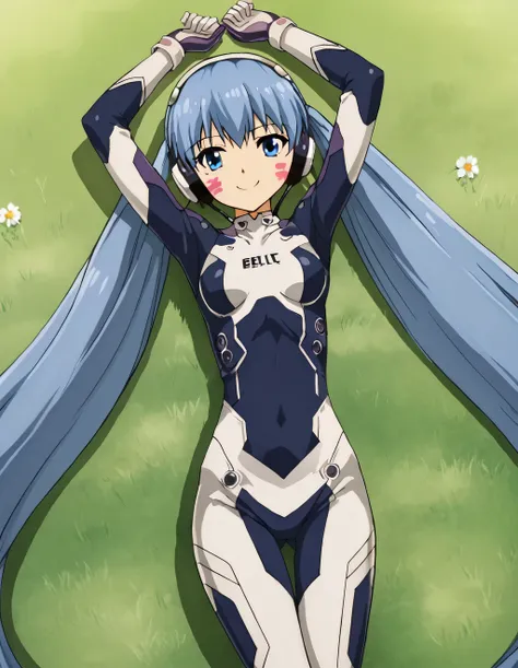 hermit mio, anime coloring, long hair, blue eyes, twintails, very long hair, blue hair, facial mark, headphones, gloves, bodysuit, covered navel, pilot suit, high quality, solo, lying, on back, arms up, spread arms, closed mouth, on grass, cowboy shot, loo...