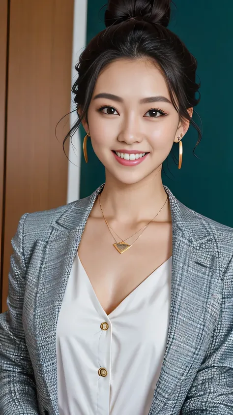 RAW Photos, High resolution, Very detailed, Intricate details, 、ear piercing、、short hair、Black Hair、Hairstyle bun、Office Lady Suits 、Jacket、shirt、smile、Beautiful teeth alignment、Heavy makeup、Necklace around the neck、, The background is the office
